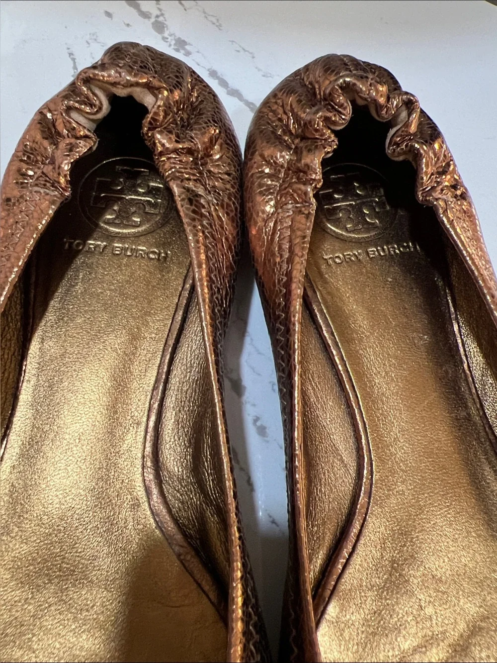 Tory Burch Reva Bronze Metallic Logo Ballet Flats Crackle Leather size 8.5